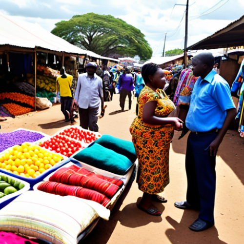 Home 4 **Image:** A vibrant marketplace in Harare, Zimbabwe. Vendors are interacting with customers, seamlessly switching between English, Shona, and Ndebele. Capture the bustling atmosphere, with colorful textiles and fresh produce on display. The clothing worn by the individuals should be a mix of modern and traditional Zimbabwean styles.