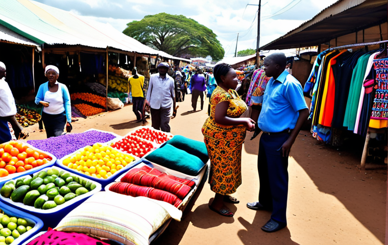 **Image:** A vibrant marketplace in Harare, Zimbabwe. Vendors are interacting with customers, seamlessly switching between English, Shona, and Ndebele. Capture the bustling atmosphere, with colorful textiles and fresh produce on display. The clothing worn by the individuals should be a mix of modern and traditional Zimbabwean styles.