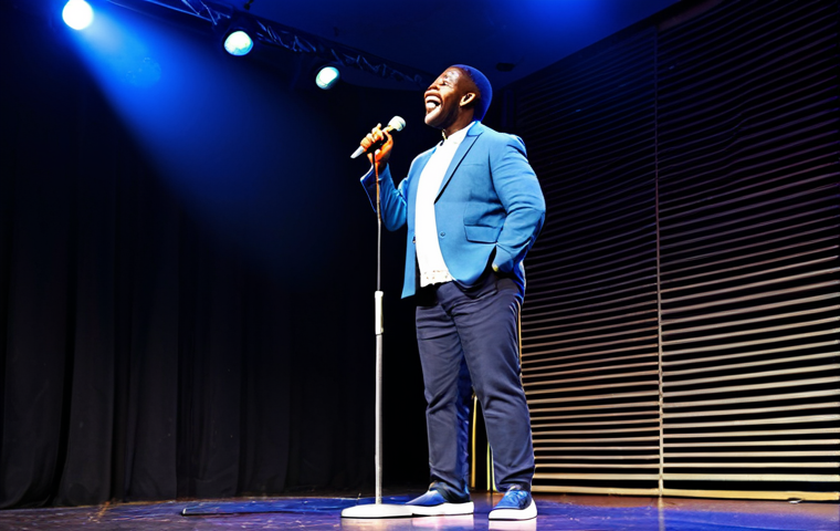 Zimbabwean Comedian on Stage**

"A fully clothed Zimbabwean comedian performing stand-up on a brightly lit stage, microphone in hand, audience laughing in the background, appropriate attire, safe for work, perfect anatomy, correct proportions, natural pose, professional stage lighting, high quality, professional, modest, family-friendly."

**