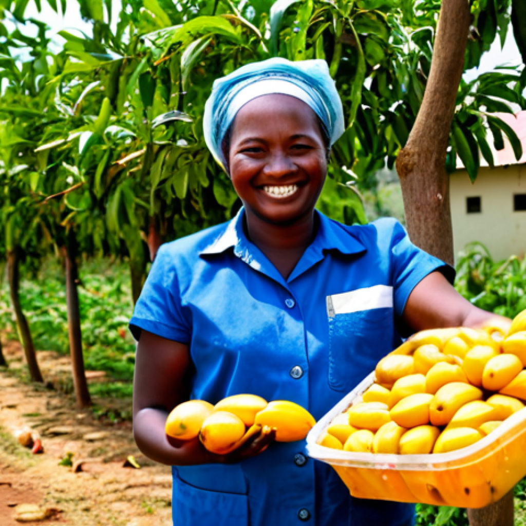 Agro-Processing Success**

"A Zimbabwean woman, fully clothed in modest work attire, smiling proudly in front of a small-scale agro-processing facility. She is packaging dried mangoes. The background shows a lush mango orchard and other local workers. Safe for work, appropriate content, perfect anatomy, natural proportions, professional photography, high quality, bright and positive lighting, showcasing entrepreneurial success in Zimbabwe, family-friendly."

**