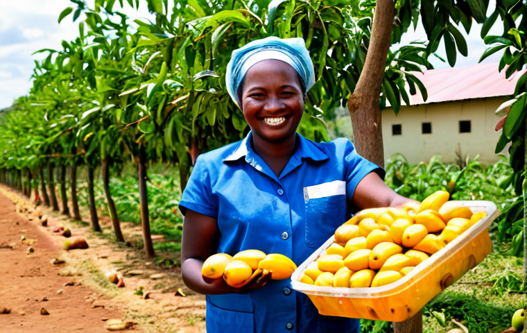 Agro-Processing Success**

"A Zimbabwean woman, fully clothed in modest work attire, smiling proudly in front of a small-scale agro-processing facility. She is packaging dried mangoes. The background shows a lush mango orchard and other local workers. Safe for work, appropriate content, perfect anatomy, natural proportions, professional photography, high quality, bright and positive lighting, showcasing entrepreneurial success in Zimbabwe, family-friendly."

**
