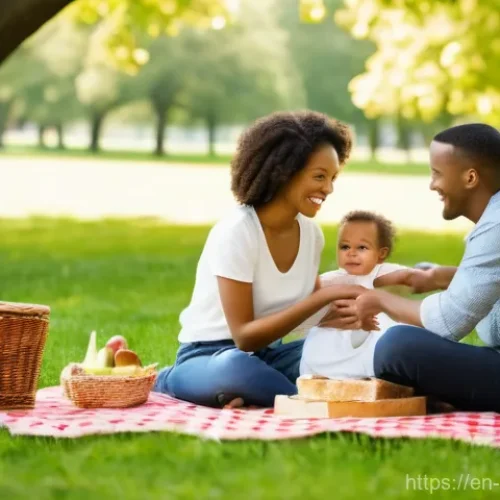 Home 23 짐바브웨 크리켓 국가대표 - A serene outdoor scene depicting a young family, a father, mother, and their baby, enjoying a leisur...