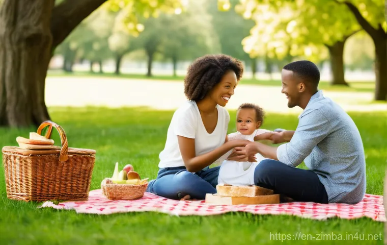 짐바브웨 크리켓 국가대표 - A serene outdoor scene depicting a young family, a father, mother, and their baby, enjoying a leisur...