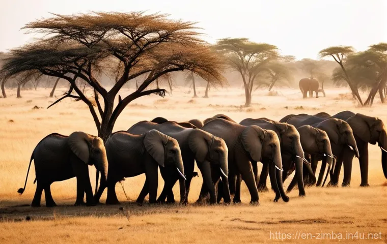 짐바브웨 기후와 계절별 여행 추천 - **Dry Season Safari at a Waterhole in Hwange National Park**
    A wide-angle, golden-hour photograp...