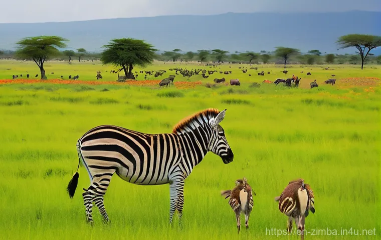짐바브웨 기후와 계절별 여행 추천 - **Dry Season Safari at a Waterhole in Hwange National Park**
    A wide-angle, golden-hour photograp...