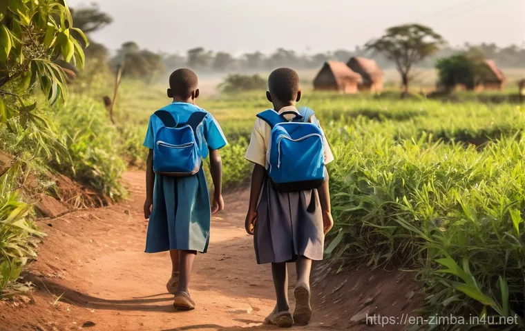 짐바브웨 어린이 교육 실태 - **A group of resilient Zimbabwean primary school children on their challenging morning commute to sc...