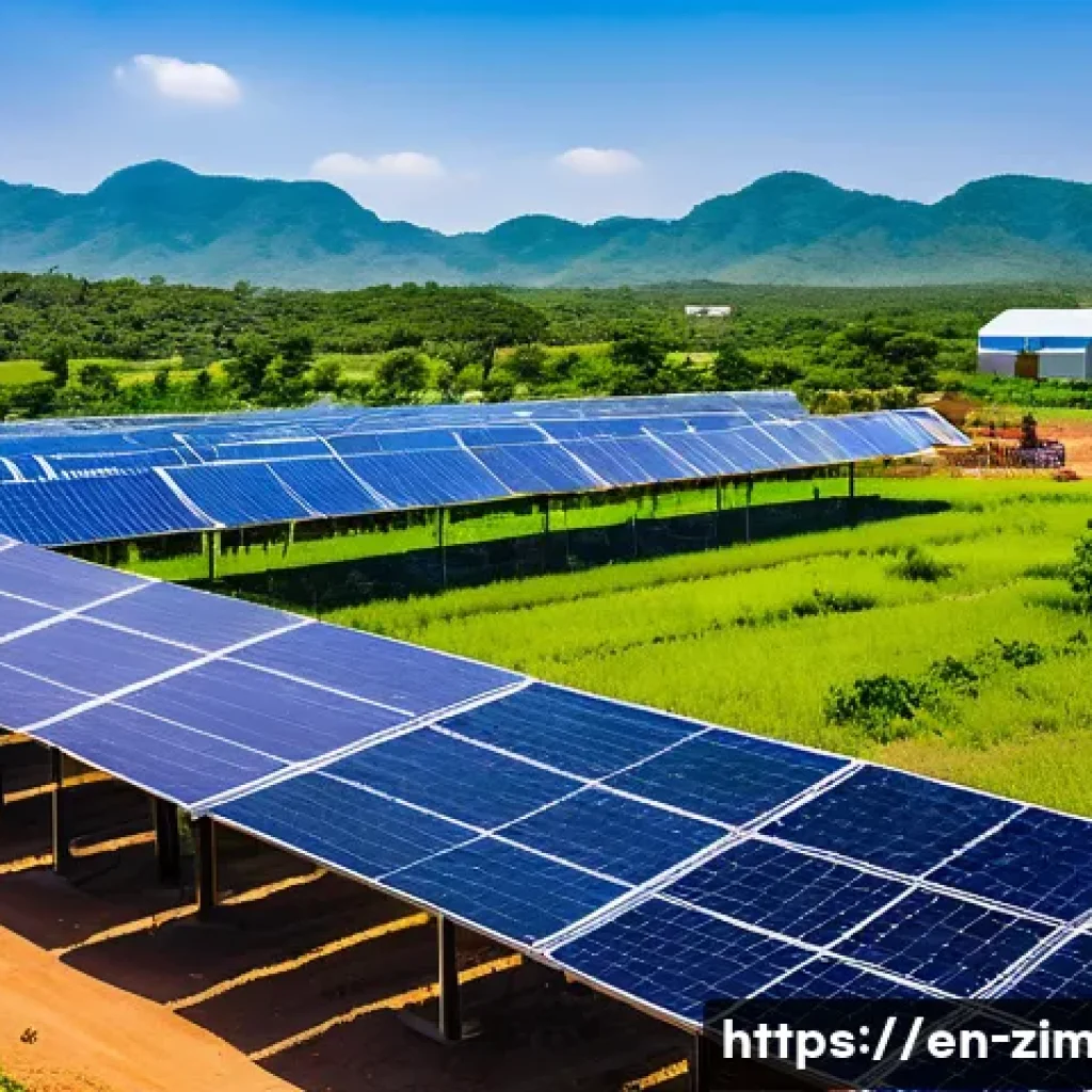 짐바브웨와 한국의 외교 관계 - A vibrant scene of a collaborative solar power plant project in rural Zimbabwe, featuring South Kore...