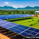 짐바브웨와 한국의 외교 관계 - A vibrant scene of a collaborative solar power plant project in rural Zimbabwe, featuring South Kore...