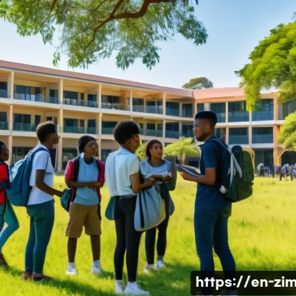 짐바브웨에서 유학하기 - A vibrant university campus scene in Zimbabwe featuring diverse international students engaged in in...