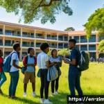 짐바브웨에서 유학하기 - A vibrant university campus scene in Zimbabwe featuring diverse international students engaged in in...