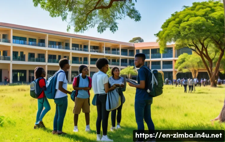 짐바브웨에서 유학하기 - A vibrant university campus scene in Zimbabwe featuring diverse international students engaged in in...