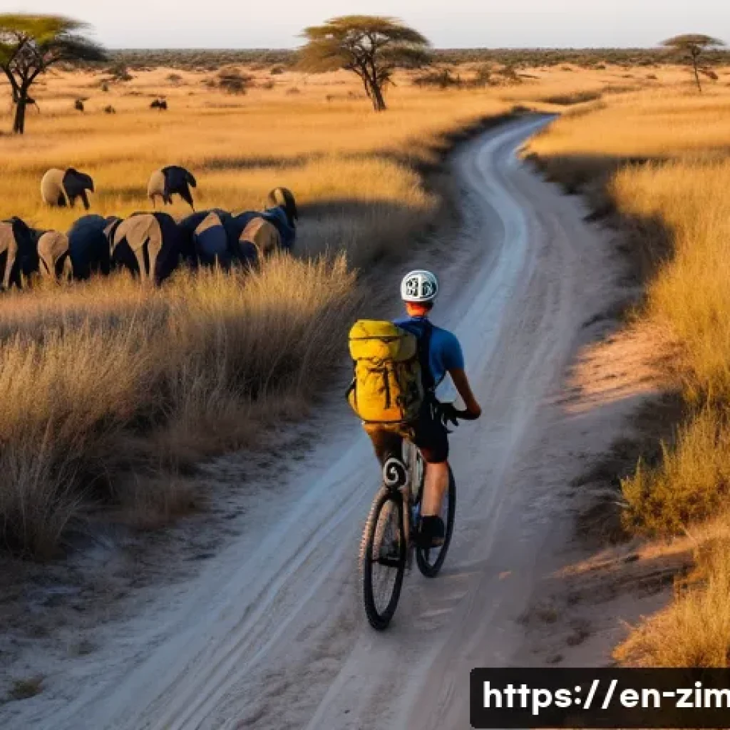 짐바브웨에서 자전거 여행하기 - A cyclist riding a sturdy mountain bike along a rugged trail inside Hwange National Park, Zimbabwe, ...
