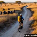 짐바브웨에서 자전거 여행하기 - A cyclist riding a sturdy mountain bike along a rugged trail inside Hwange National Park, Zimbabwe, ...