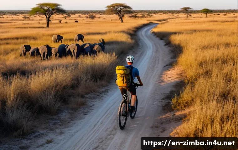 짐바브웨에서 자전거 여행하기 - A cyclist riding a sturdy mountain bike along a rugged trail inside Hwange National Park, Zimbabwe, ...