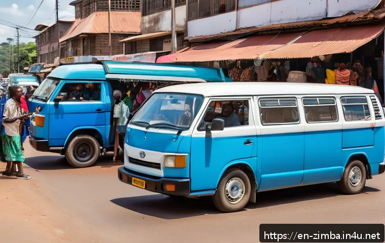 짐바브웨 대중교통 이용 방법 - A bustling urban street scene in Harare, Zimbabwe during daytime featuring a classic white Toyota Hi...