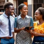 짐바브웨 영어 사용률 - A vibrant urban street scene in Harare, Zimbabwe, showcasing a diverse group of young professionals ...