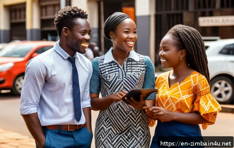 짐바브웨 영어 사용률 - A vibrant urban street scene in Harare, Zimbabwe, showcasing a diverse group of young professionals ...