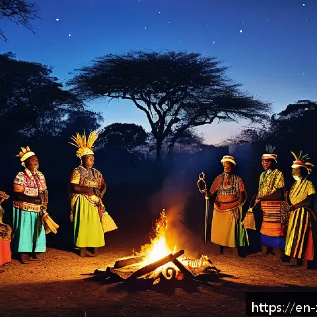짐바브웨의 전통 신앙과 의식 - A vibrant nighttime bira ceremony in rural Zimbabwe, featuring a diverse group of community members ...