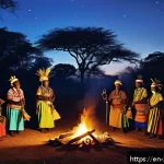 짐바브웨의 전통 신앙과 의식 - A vibrant nighttime bira ceremony in rural Zimbabwe, featuring a diverse group of community members ...