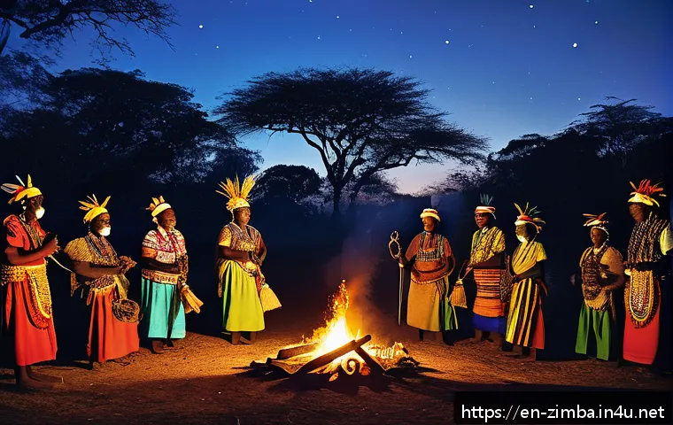 짐바브웨의 전통 신앙과 의식 - A vibrant nighttime bira ceremony in rural Zimbabwe, featuring a diverse group of community members ...