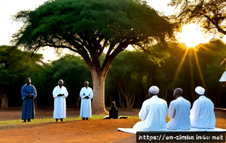 짐바브웨에서 종교적 의식 경험하기 - Photorealistic documentary-style scene of a Zimbabwean Apostolic church gathering outdoors at sunris...