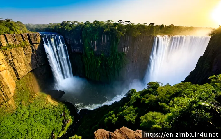 짐바브웨의 관광산업 성장 가능성 - Photorealistic wide-angle sunrise view of Victoria Falls, Zimbabwe, golden mist rising above the dra...