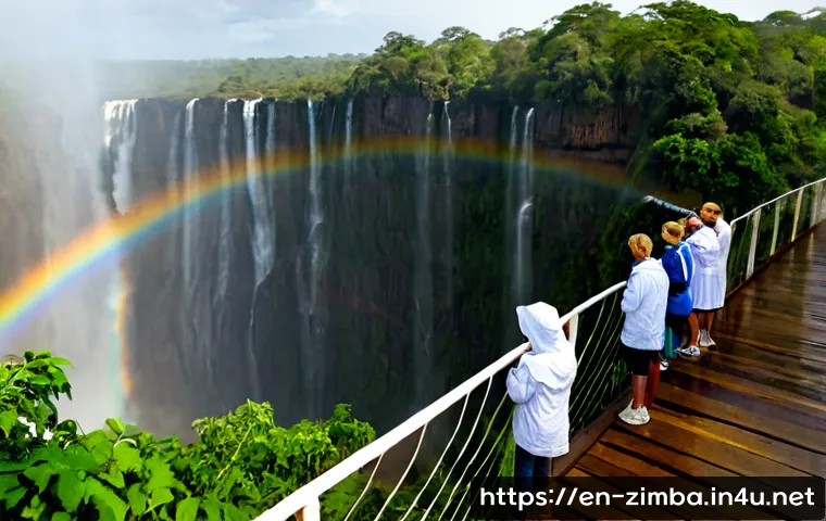 Home 17 빅토리아 폭포 관광 팁 - Photorealistic wide-angle travel scene at Victoria Falls on the Zambia–Zimbabwe border, a diverse gr...